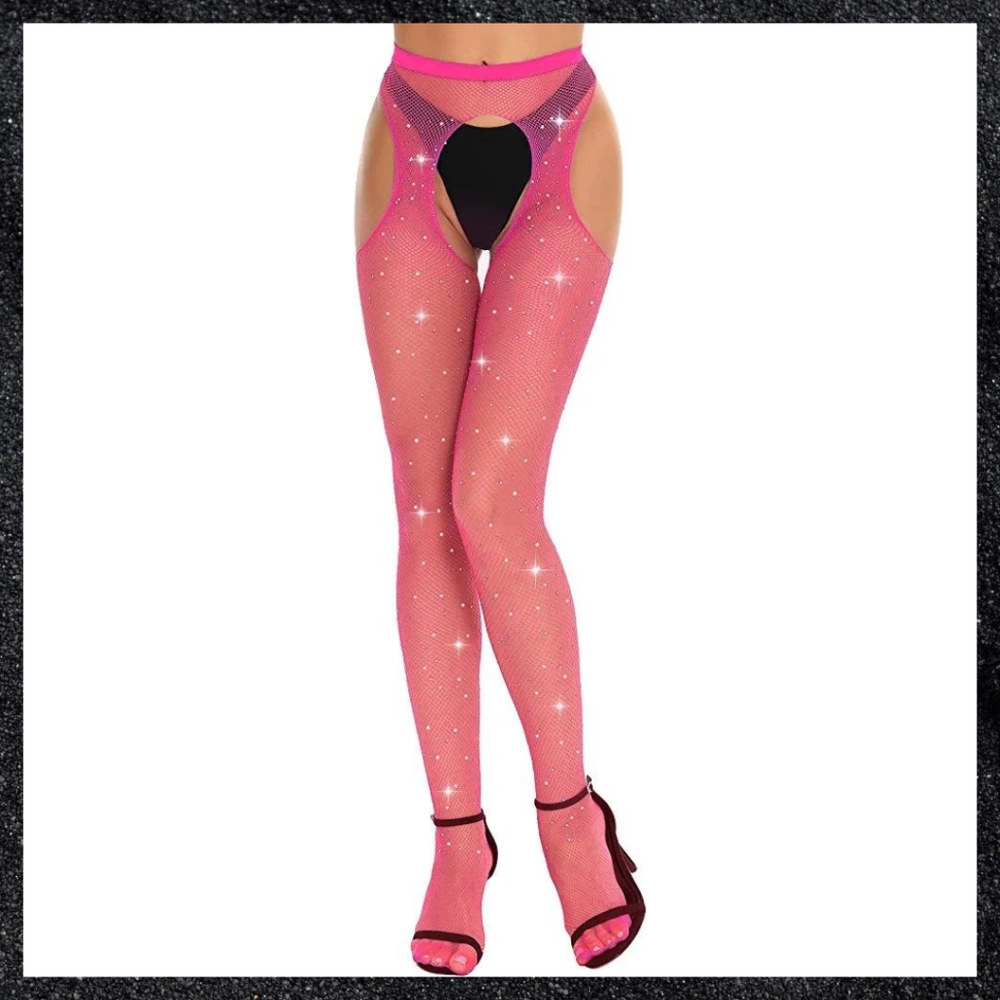 Dark Pink Rhinestone Fishnet Crotchless Garter Belt Thigh High Pantyhose - Picture 2 of 7